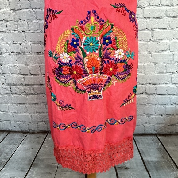 Mexican Embroidered Coral Floral Caftan Shift Oaxacan Peasant Boho Dress XL NWOT - Picture 6 of 16